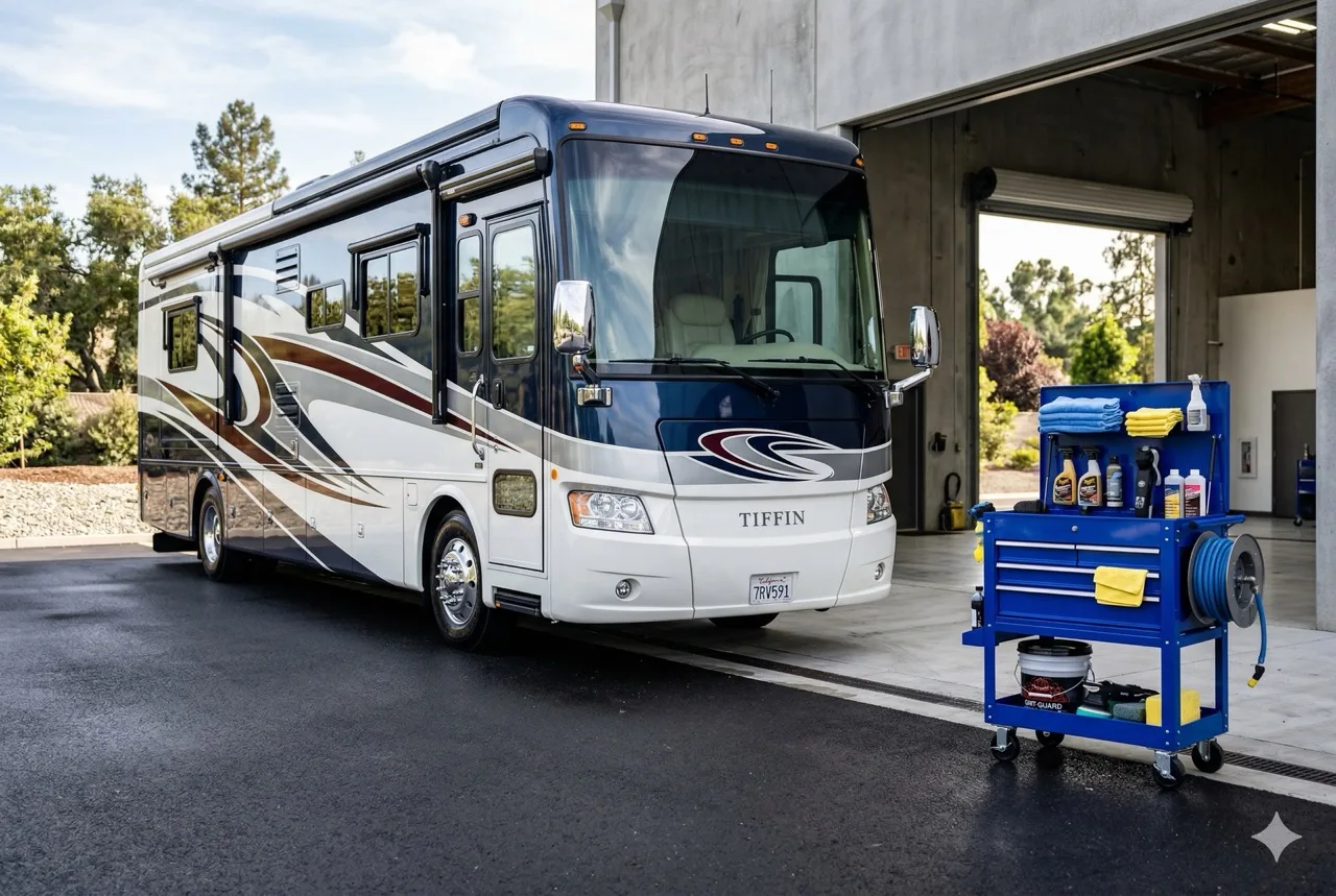 Motorhome pulled up to the STRATA bay for interior and exterior work