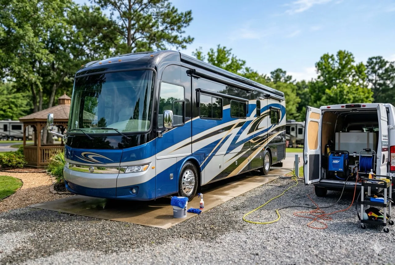Motorhome inspected on arrival before detailing begins